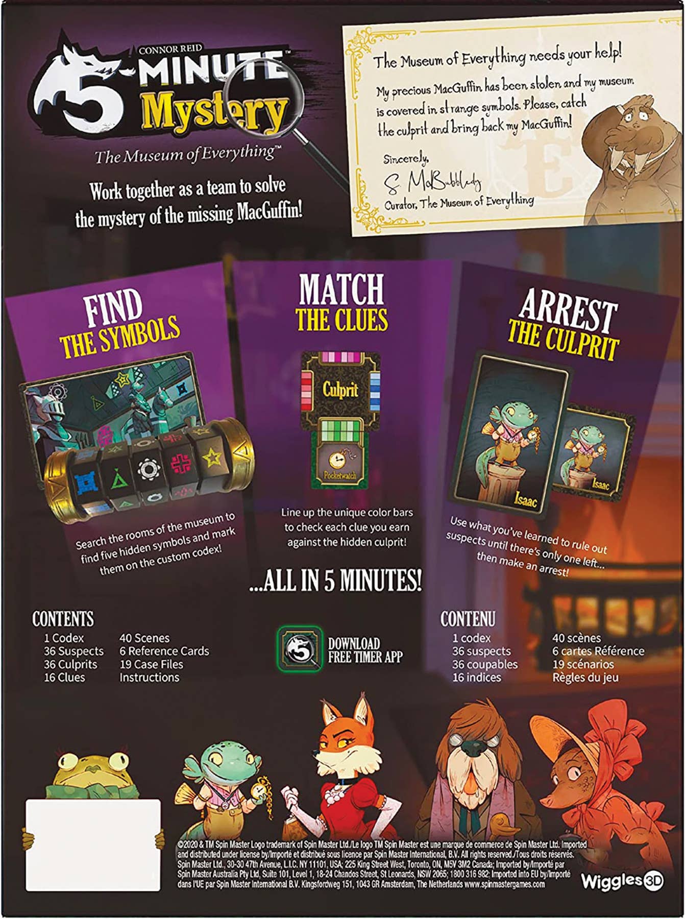 The Game: 5 Minute Mystery Board Game package features cartoon animals and includes instructions for an exciting deduction game where players find symbols, match clues, and arrest the culprit. Ideal for family play, it comes with components, scene details, and a downloadable timer app to enhance the excitement.