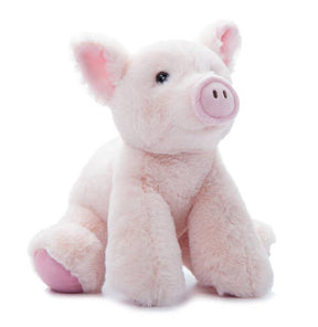 Light pink stuffed pig with floppy ears and darker pink accents sits upright on a white background.