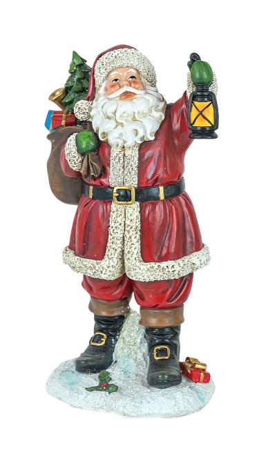 Presenting the delightful "Resin Santa with His Bag of Gifts," a 9.75-inch high ornament depicting Santa Claus with a lantern and gift sack, standing on a snowy base—an ideal addition to your holiday decorations.