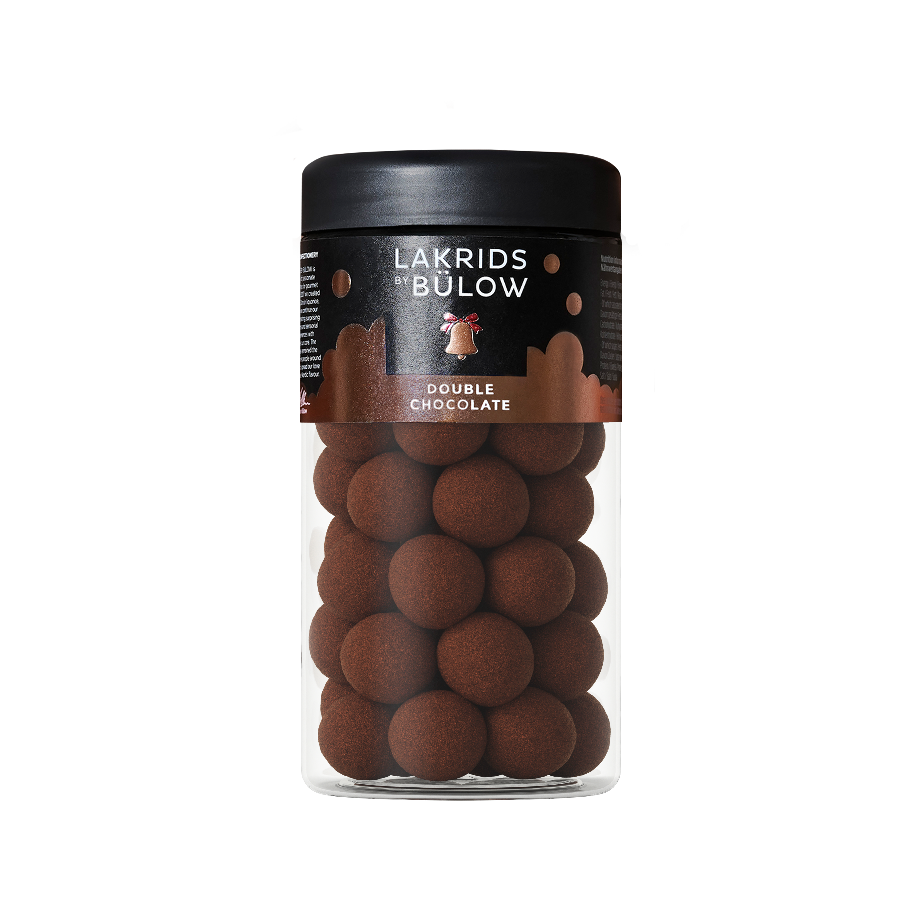 A clear jar with a black lid labeled Candy: Double Chocolate – Danish Gourmet Licorice (Small, Limited Edition) contains round chocolate-coated licorice candies—ideal for fans of Danish gourmet treats.