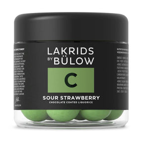 Lakrids: Sour Strawberry Danish Gourmet Licorice Limited Edition by Bulow (4.41 oz) features green chocolate-coated licorice balls blending sour strawberry and gourmet Danish licorice in a vibrant, limited-edition treat.
