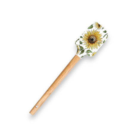 Spatula with a sunflower design and leaf pattern on the yellow silicone head, featuring a smooth wooden handle.