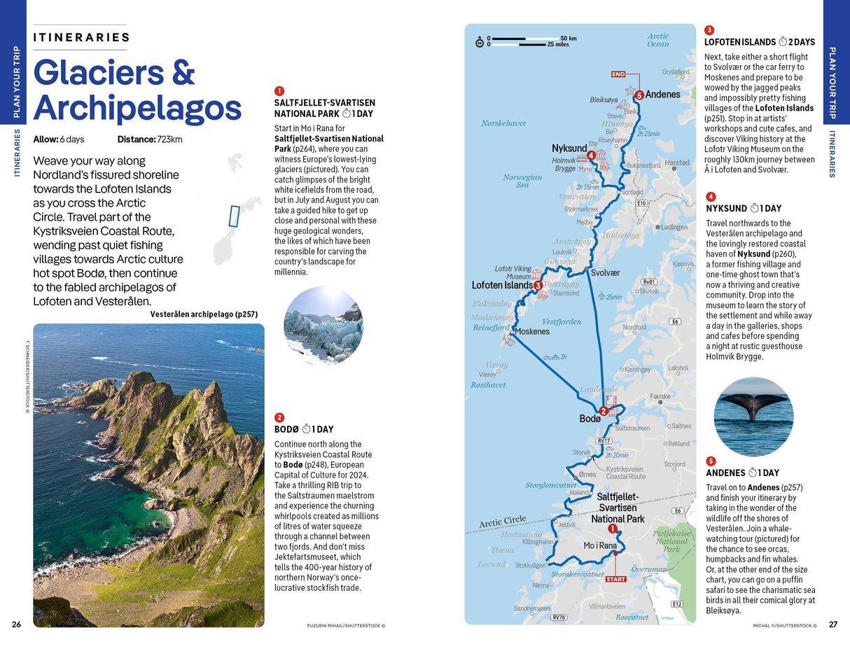 Explore Norway’s breathtaking Glaciers & Archipelagos with the Lonely Planet Norway Northern Lights Safari Far North Hiking & Skiing Oslo Walking Tours Travel Guide by Hachette Book Group. This comprehensive travel guide includes an itinerary page featuring a detailed map, in-depth route information, trip highlights—such as the stunning Lofoten Islands—and a scenic photo of hills overlooking blue seas and islands, set against majestic mountain backdrops.