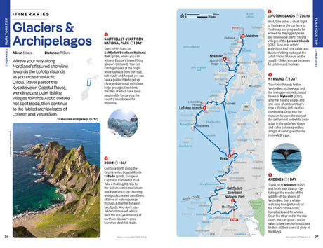 Explore Norway’s breathtaking Glaciers & Archipelagos with the Lonely Planet Norway Northern Lights Safari Far North Hiking & Skiing Oslo Walking Tours Travel Guide by Hachette Book Group. This comprehensive travel guide includes an itinerary page featuring a detailed map, in-depth route information, trip highlights—such as the stunning Lofoten Islands—and a scenic photo of hills overlooking blue seas and islands, set against majestic mountain backdrops.