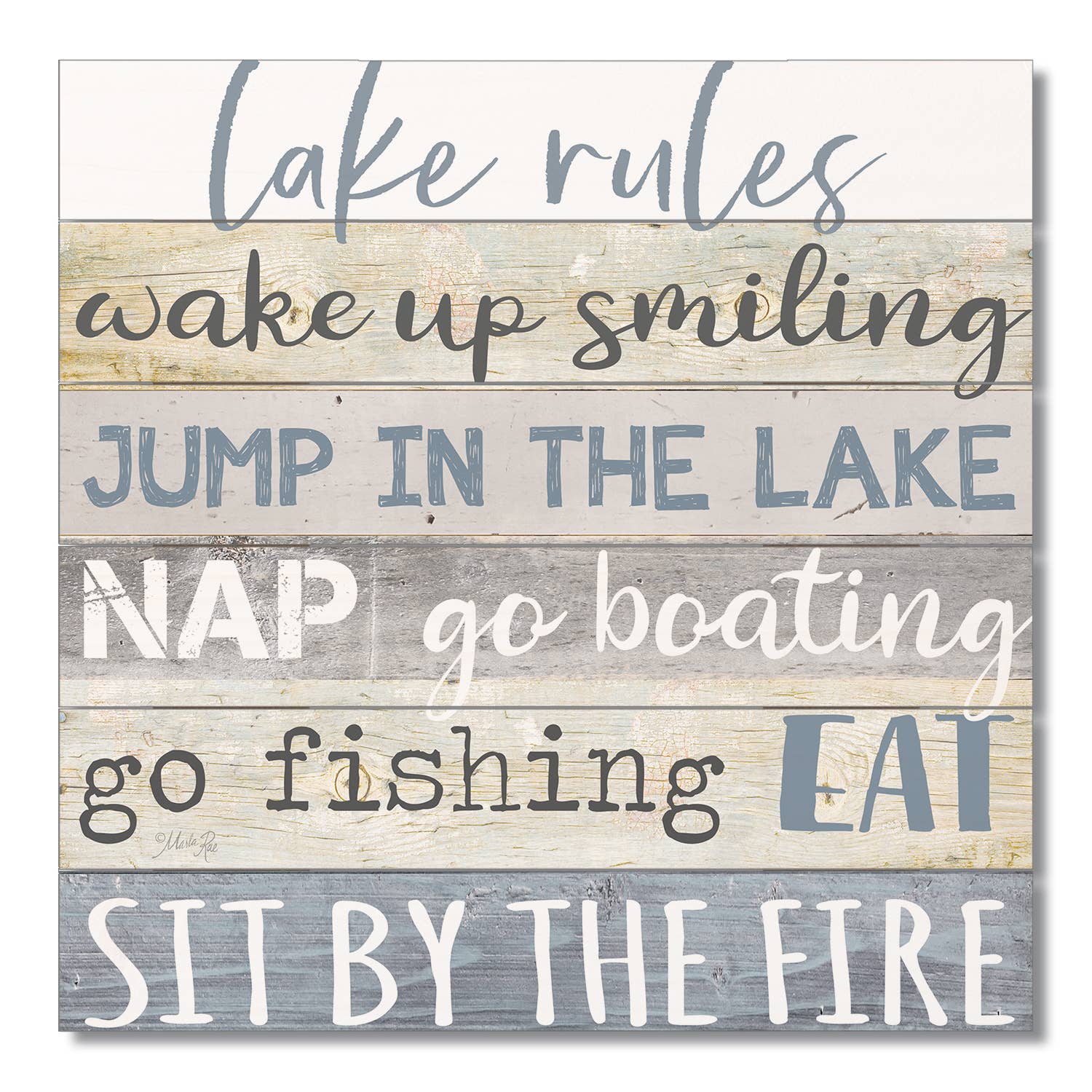 This rustic home design features the "Lake Rules" Decorative Slatted Pallet Wood Sign, crafted from solid pine wood slats. The charming wall décor reads: Lake rules—wake up smiling, jump in the lake, nap, go boating, go fishing, eat, sit by the fire. It's perfect for adding warmth to any space.