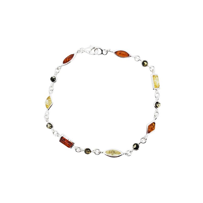 The Bracelet is a sterling silver link bracelet featuring 13 marquise-shaped genuine Baltic amber stones in brown, yellow, and green.