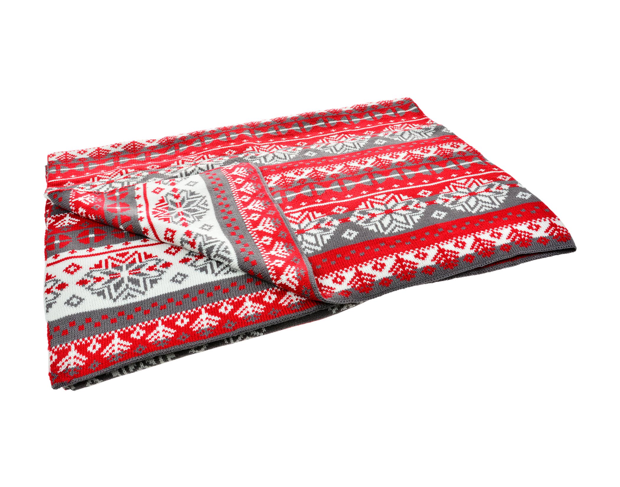 A folded Nordic Star Scandinavian Winter Pattern throw blanket, sized 50x60 inches, showcasing geometric designs like snowflakes and zigzags in red, gray, and white on a white background.