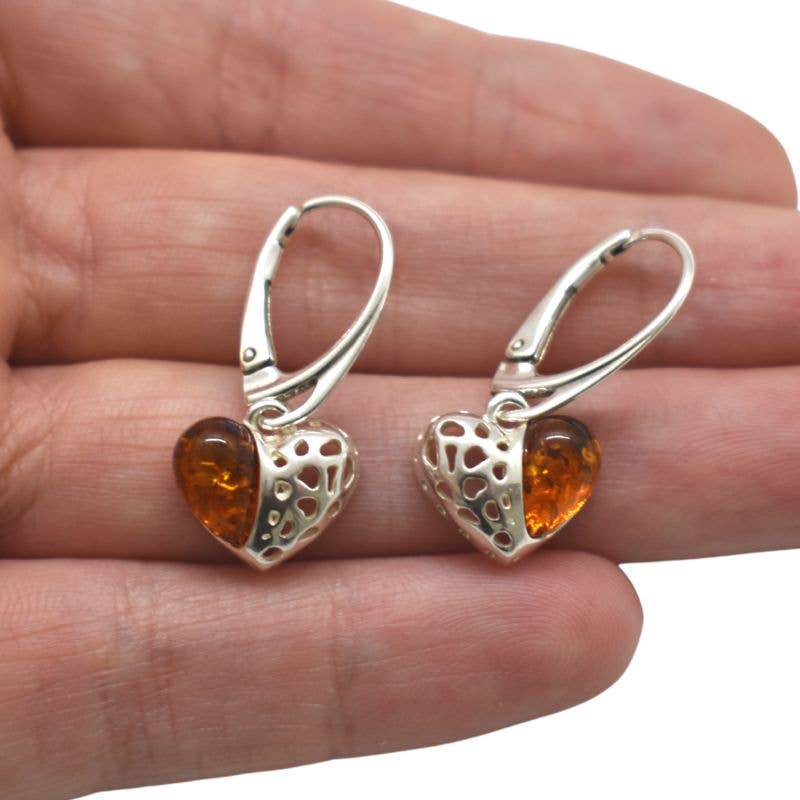 Earrings: Cognac Amber Sterling Silver Heart Earrings On Hooks