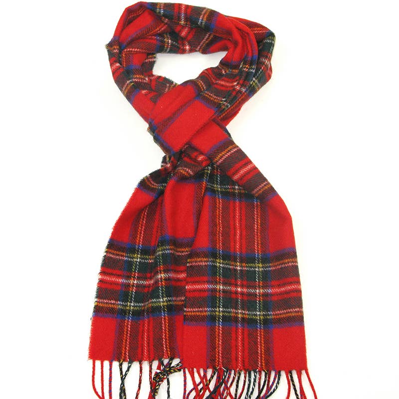 The Royal Stewart Lambswool Scarf by Patrick King features a red tartan plaid with fringed ends and intersecting black, yellow, white, and blue lines.