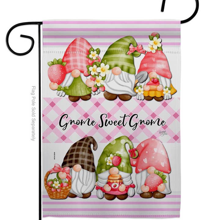 Brighten your decor with the Flag: Gnome Sweet Gnome Garden Flag, featuring four cute gnomes in pink and green holding strawberries and flowers on a pink plaid background with “Gnome Sweet Gnome” text.