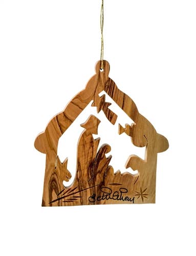 This olive wood Christmas tree ornament features a stable nativity scene with animals and hangs by a thin gold string. "Bethlehem" is engraved at the base of this beautiful 3" Ornament: Stable with Nativity and Animals.