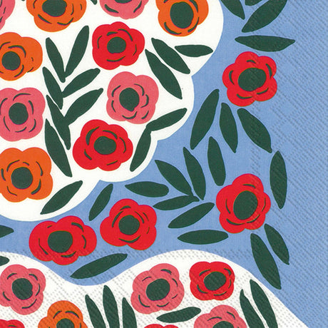 A vibrant patterned design featuring red, orange, and pink flowers with green leaves on a blue and white background decorates the Marimekko Ruukku Blue Paper Cocktail Napkins by Boston International. The colorful clusters of stylized flowers and overlapping leaves make this pack of 20 napkins a lively addition to any setting.