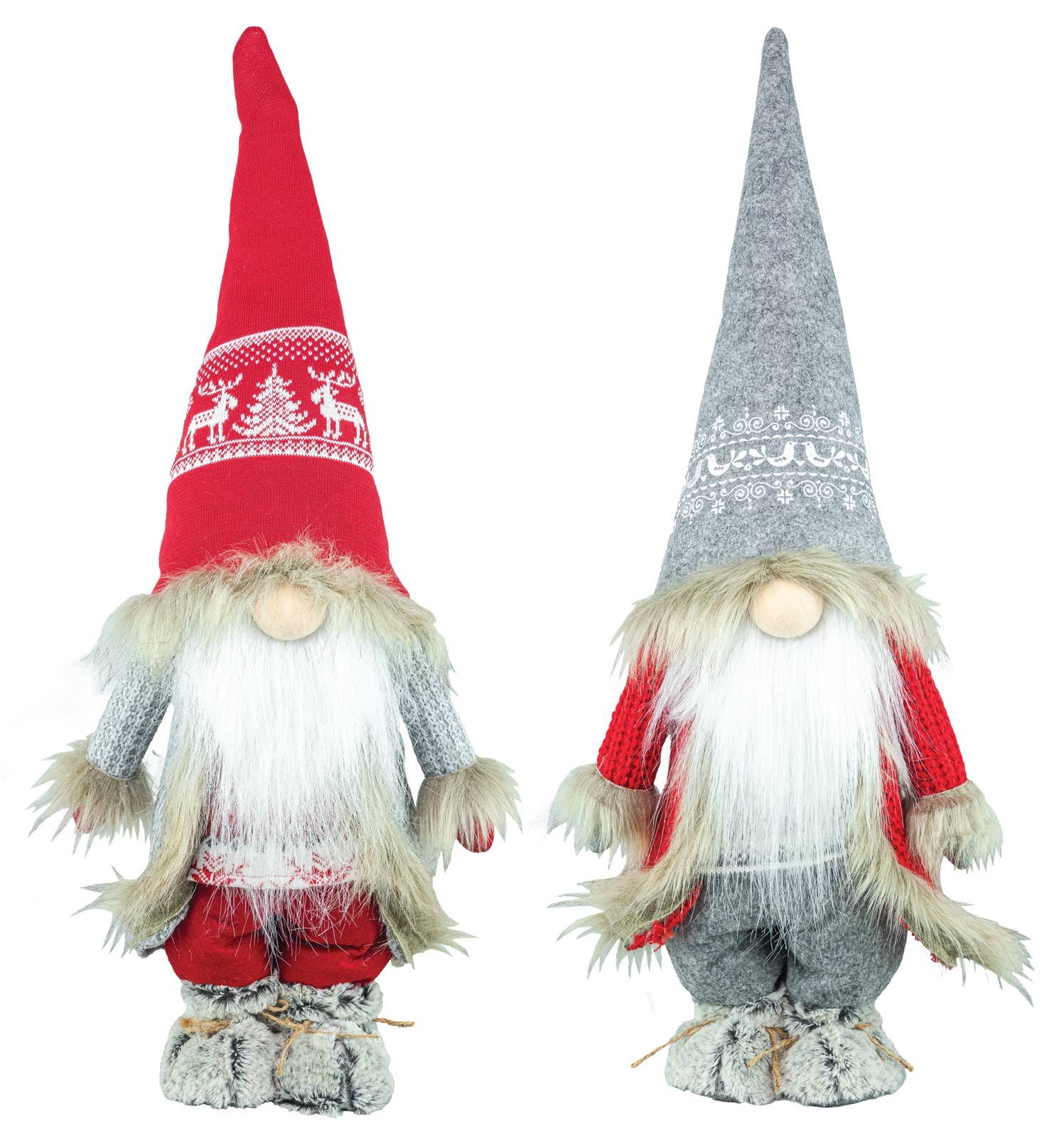 The Gnomes: Fur Lined 25.5 Gnome Stander set includes two plush dolls—one in red, one in gray—with long white beards, fur-trimmed sleeves and boots; perfect as Scandinavian Christmas decorations for your festive display.