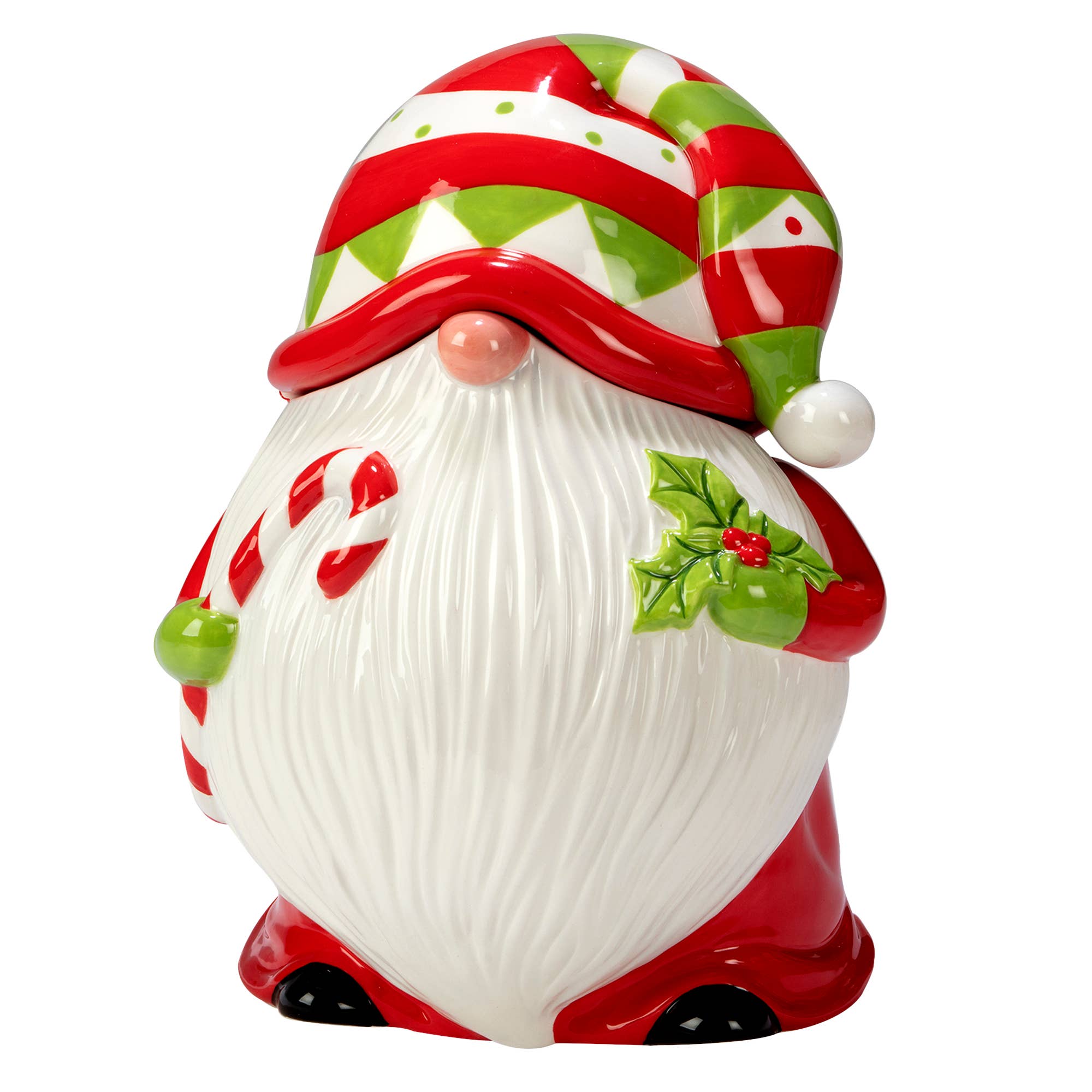 The Gnome Holiday Magic Christmas Gnomes 3-D Cookie Jar (9.5) features a festive ceramic gnome with a red, green, and white striped hat holding a candy cane and holly—perfect as a holiday decoration.