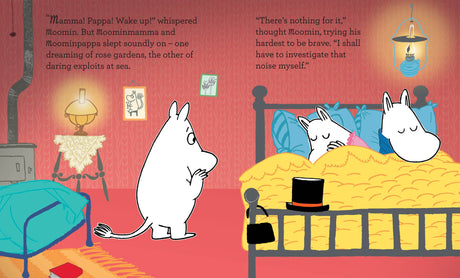 Moomin watches over Moominmamma and Moominpappa as they sleep beneath a yellow blanket in their cozy red room in Moominvalley, from the book "Moomin and the Spring Surprise" by Tove Jansson.