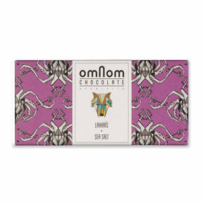 OmNom Lakkris + Sea Salt is a 60g Icelandic white chocolate bar with licorice and sea salt, from Reykjavik. Bold flavors come wrapped in a striking package with an abstract geometric animal design and illustrated pattern.