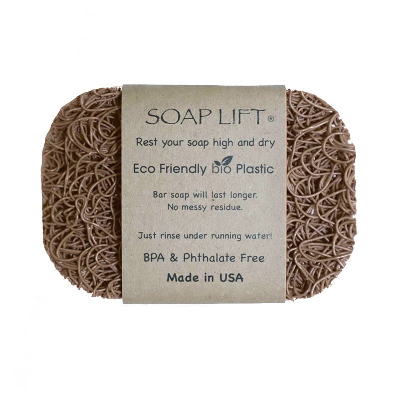 The eco-friendly Tan The Original Soap Lift Soap Saver boasts a textured surface and is crafted from recyclable bioplastic. This USA-made product, free of BPA and phthalates, delivers sustainability without sacrificing quality.