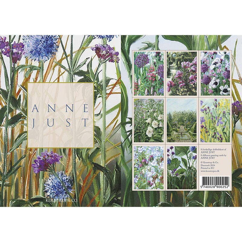 A card pack featuring a floral-themed design with several panels showcasing garden scenes filled with flowers and plants, reminiscent of elegant cards, titled Anne Just.