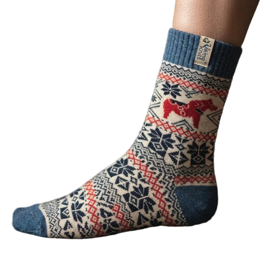 Socks: Red Dala Horse Blue & White Wool Socks by Viking Knits
