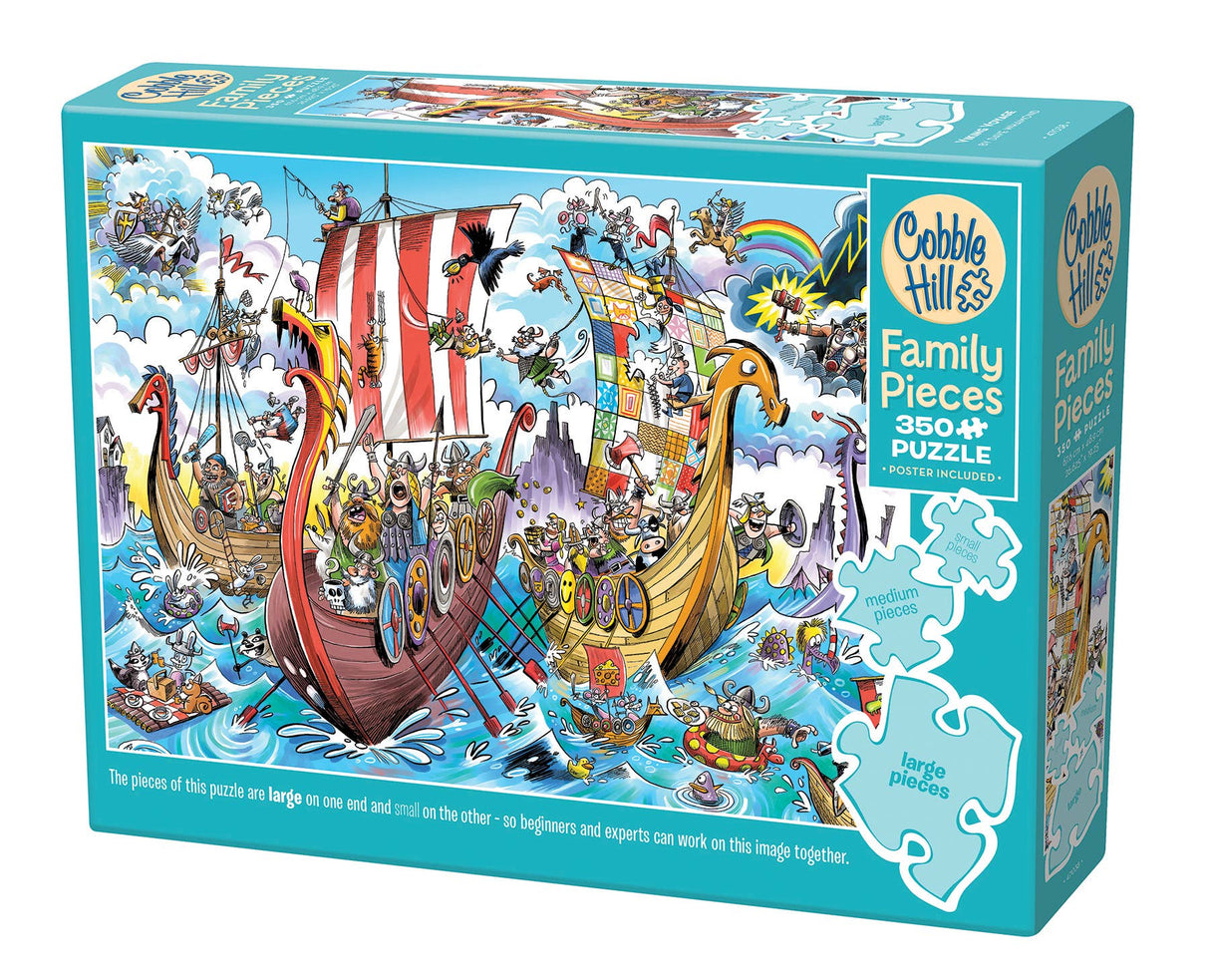 Embark on a vibrant adventure with the Puzzle: Viking Voyage (Family) 350-piece puzzle. This captivating puzzle showcases a colorful cartoon sea battle scene featuring two ships and lively characters, making it ideal for puzzlers of all ages as it seamlessly blends challenge and fun.