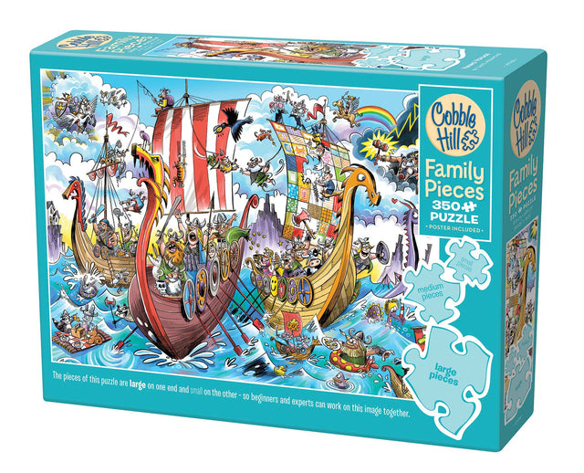 Embark on a vibrant adventure with the Puzzle: Viking Voyage (Family) 350-piece puzzle. This captivating puzzle showcases a colorful cartoon sea battle scene featuring two ships and lively characters, making it ideal for puzzlers of all ages as it seamlessly blends challenge and fun.