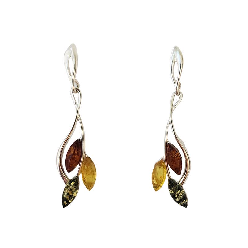 Sterling silver earrings feature marquise-shaped multi-color amber stones, creating a stunning leaf-shaped design with a post-dangle style.