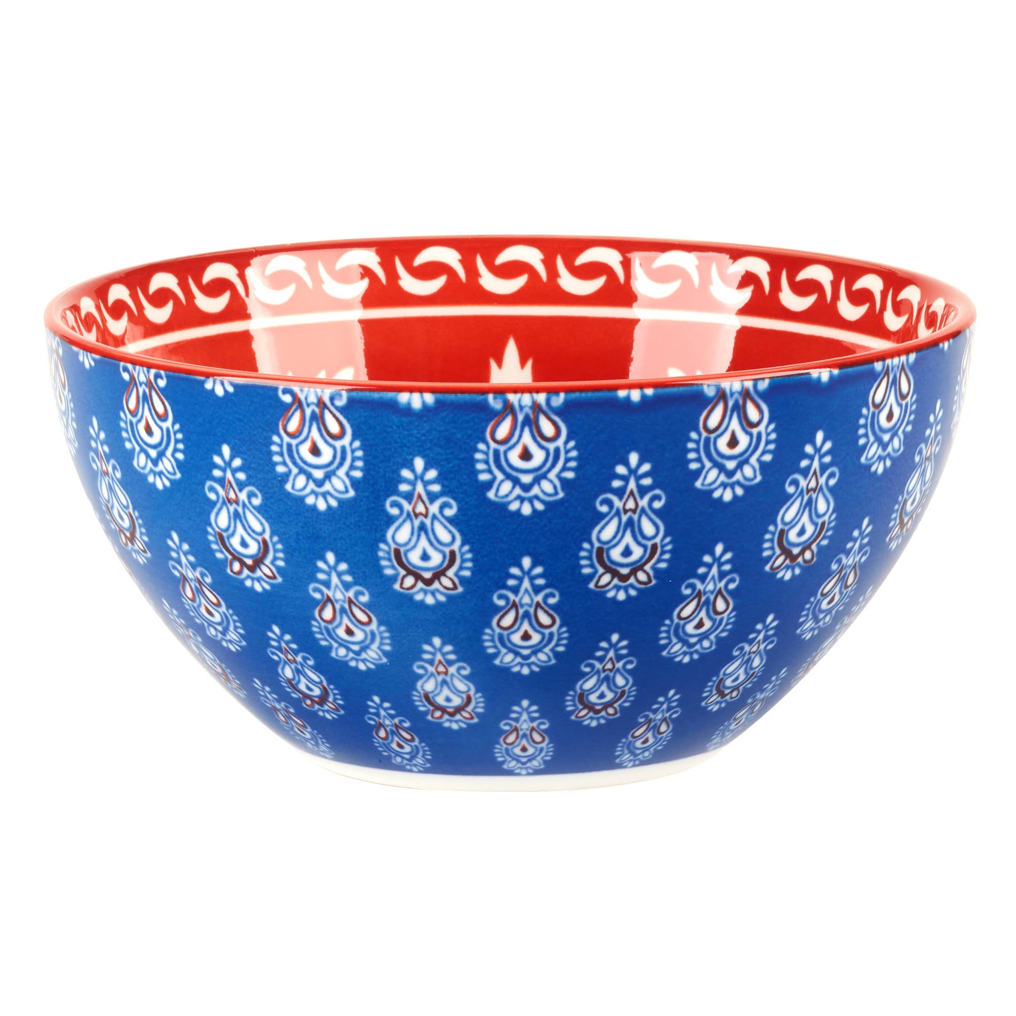 The Bowls: Multi-Color Patterned Porcelain All Purpose Bowl 6.25in 6 features a blue exterior with white and red designs, plus a red interior rim with a white motif—ideal for everyday dining or serving.