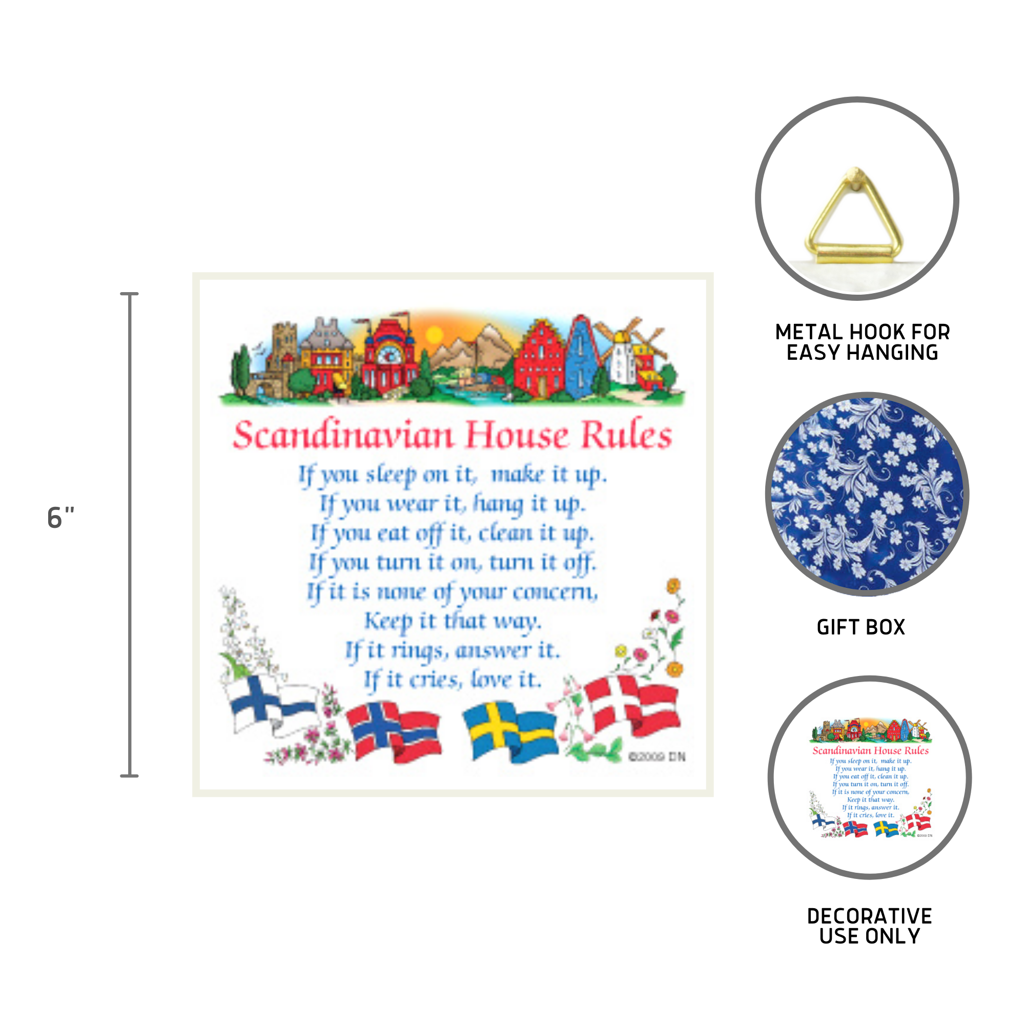 The Tile: Swedish Gift Wall Tile Scandinavian House Rules 6"x6" features a colorful house and flag design, includes a hanger or stand, arrives in a gift box with a "for decorative use only" note—ideal as wall decor or a thoughtful Swedish gift.