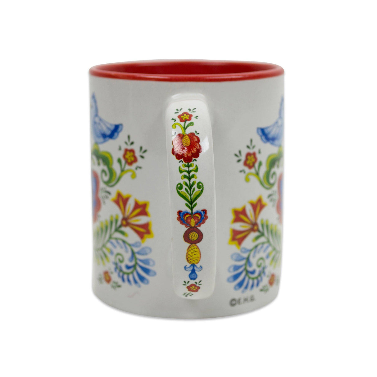 The Coffee Mug: Lovebirds Swedish Folk-Art Ceramic Coffee Mug with Red Interior (12 oz) features colorful floral and bird patterns, a red interior, and a flower-decorated handle—a charming addition to any Scandinavian mug collection.