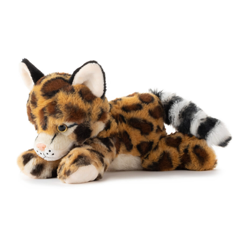 Plush ocelot toy with spotted fur, white belly, and striped tail lying down on a plain white background.