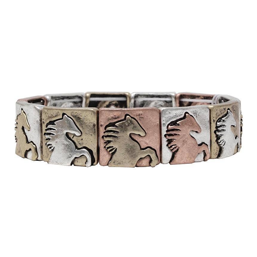 The Bracelets: Horses Tiles Stretch Bracelet - Multicolor is a lead and nickel free stretch bracelet with square gold, silver, and copper beads, each featuring a raised horse head design.