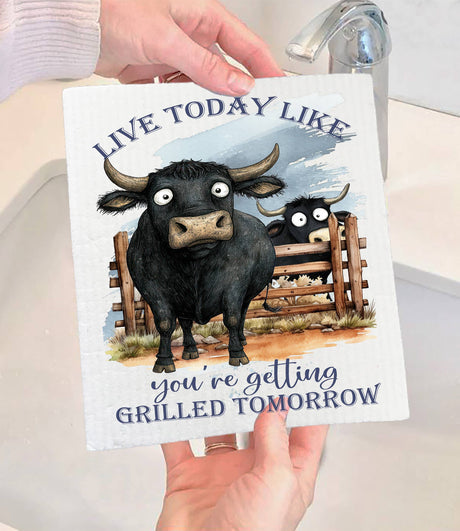 A person holds the Avery Lane Gifts Swedish Dishcloth: Live Today Like You're Getting Grilled Tomorrow Cow, featuring cartoon cows over a fence and the text "Live today like you’re getting grilled tomorrow." Eco-friendly and perfect for your sink.
