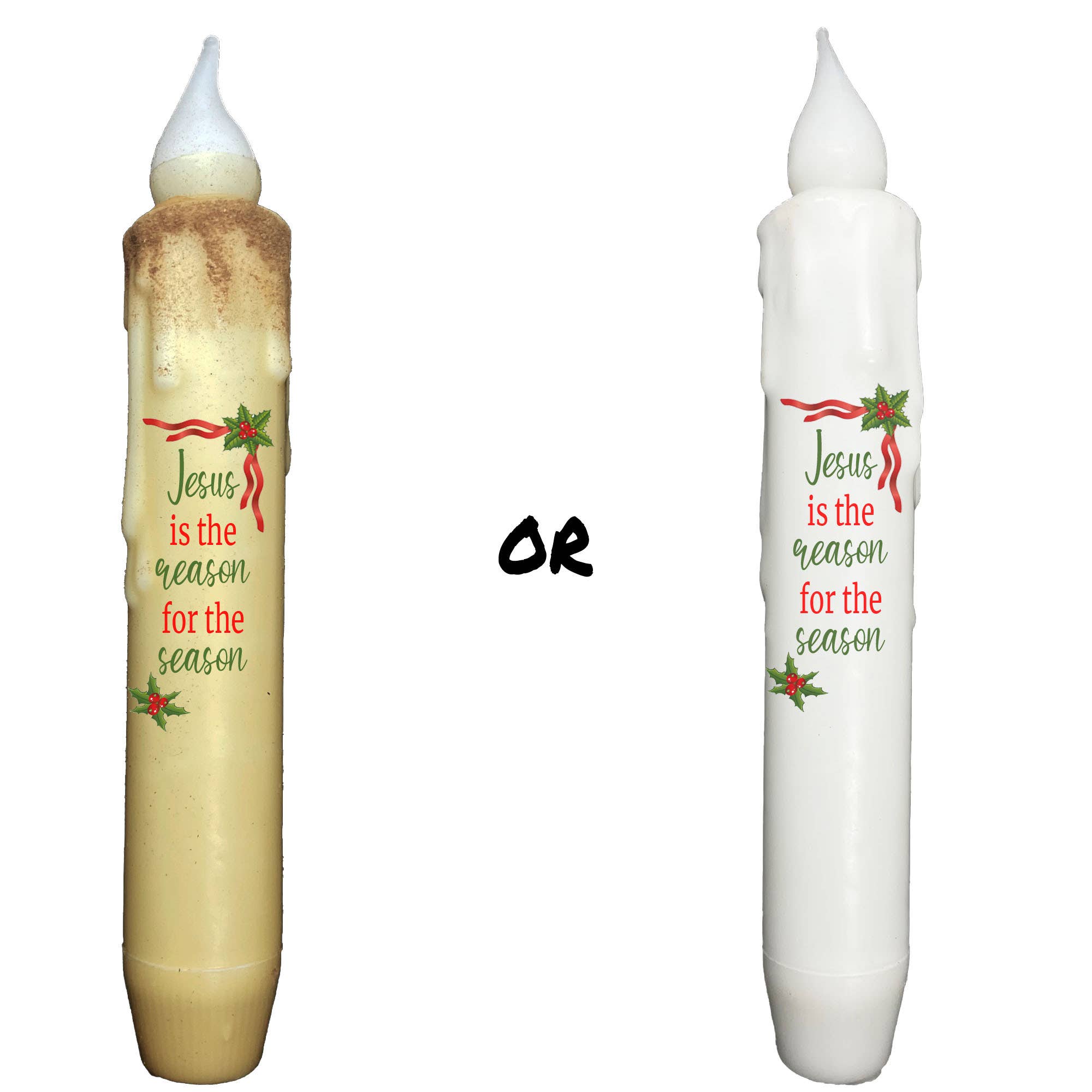 A pair of candle-shaped decorations includes one that resembles a hand-dipped beeswax candle with a melted wax effect, and the other is a plain white battery-operated timer candle. Both feature holly designs and display the text "Jesus is the reason for the season," with "Or" in black text between them. These are known as Candle: Jesus Reason Season LED Battery Operated Timer Taper Candles: Natural w/Cinnamon.