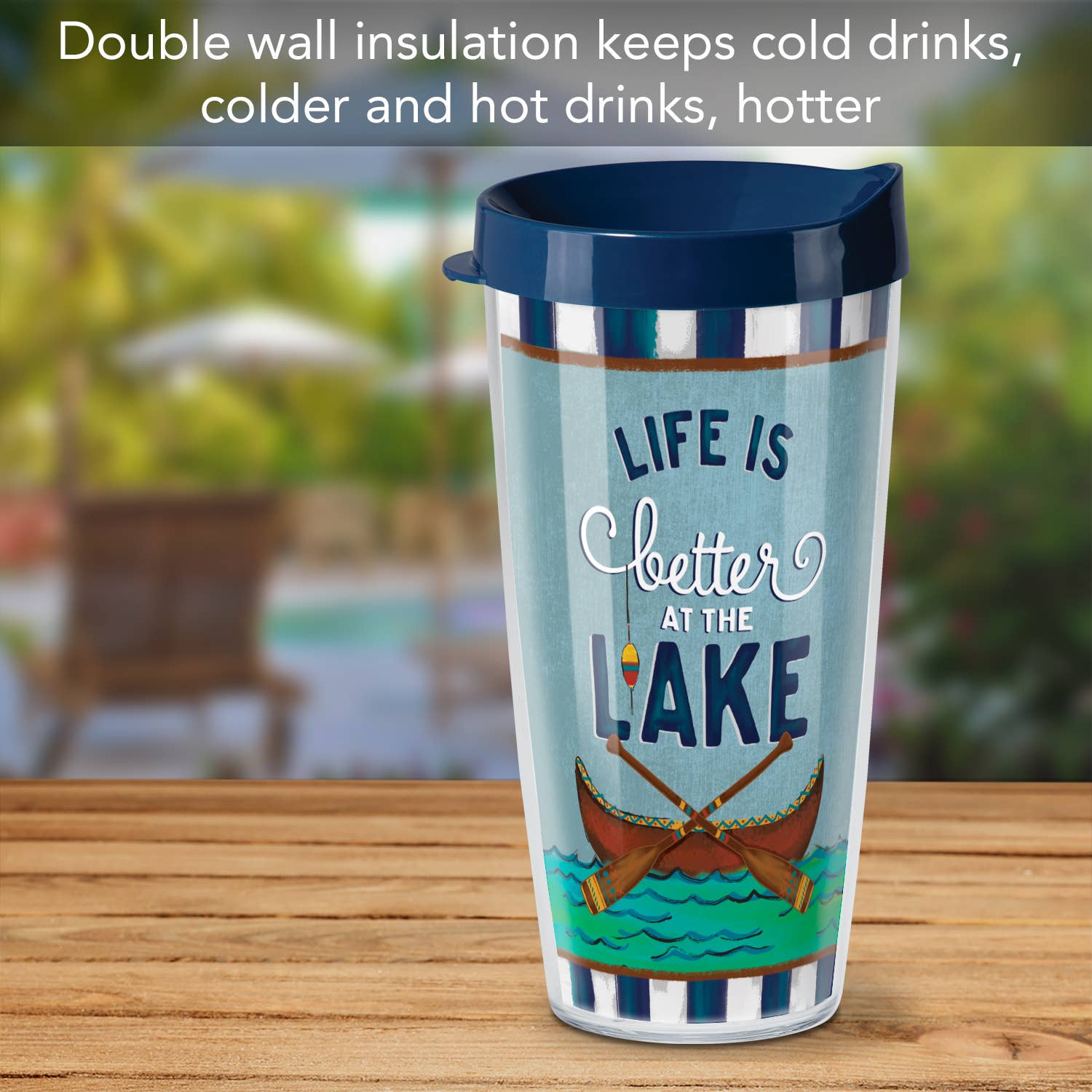 The "Life is Better at the Lake" 22 oz. Double Wall Insulated Tumbler, made from dishwasher-safe plastic, showcases a design with a double oar motif and outdoor elements, ensuring your beverages stay at the perfect temperature.