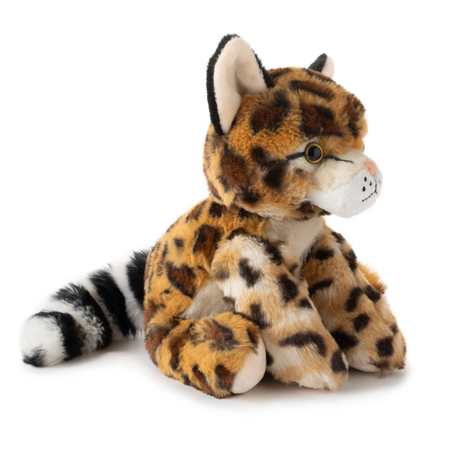 Plush ocelot toy with brown and black spots, upright ears, white paws, and a bushy tail with black and white stripes.