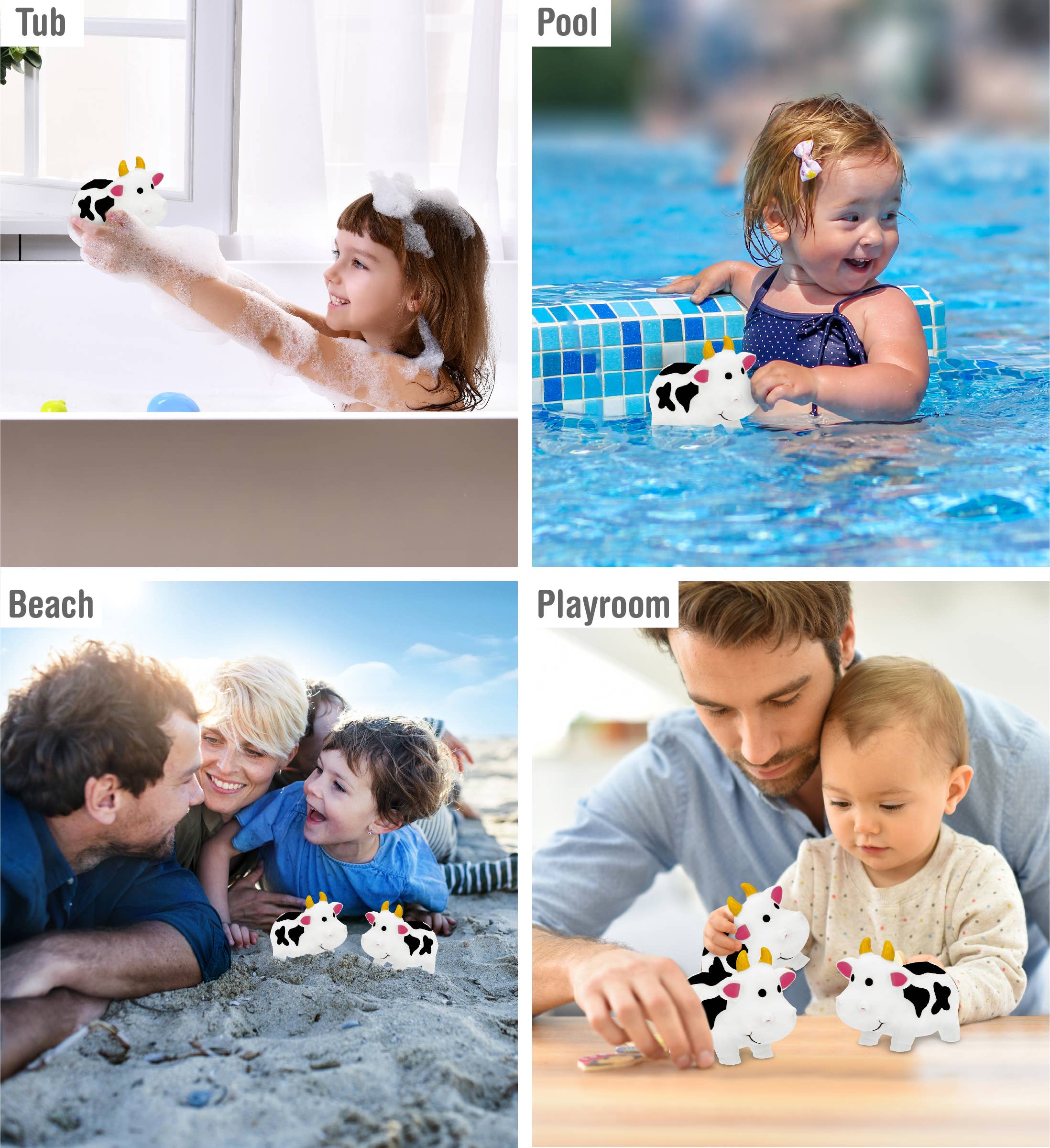 Collage of four scenes showing kids playing with the Bath Toy: Cow Bath Water Squirter in a bathtub, a pool, on the beach with family, and at a table in the playroom.