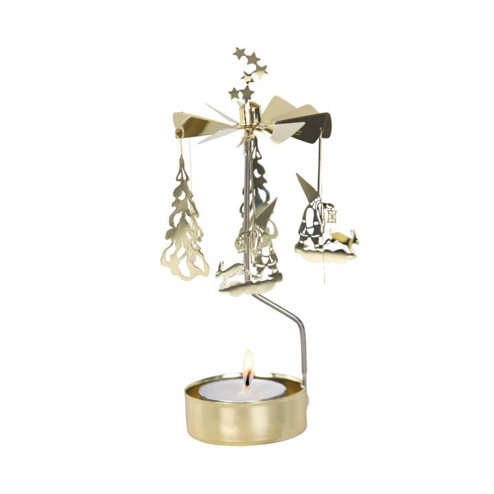 The Winterland Gold Pluto Design Rotary Candle Holder is a gold carousel with hanging shapes that spins when a tealight candle is lit at the base.