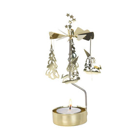 The Winterland Gold Pluto Design Rotary Candle Holder is a gold carousel with hanging shapes that spins when a tealight candle is lit at the base.