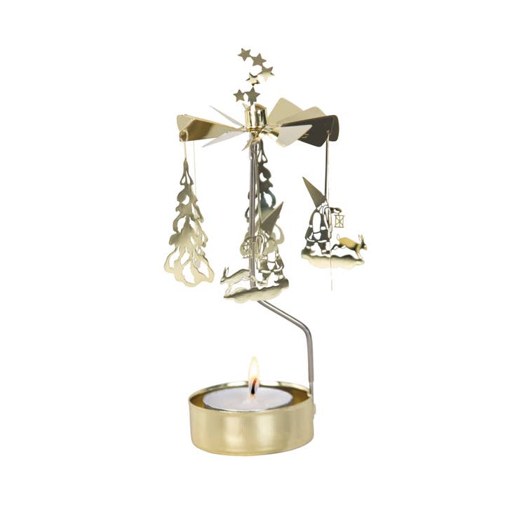 Winterland Gold Rotary Candle Holder featuring a tree, angel, and gnome ornaments, powered by a tealight flame.