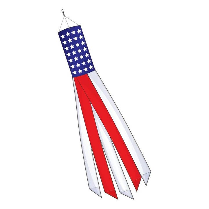 The Flag: USA Windsock Flag - United States of America Stars & Stripes Outdoor Windsock features weather-resistant fabric, a blue section with white stars at the top, red and white vertical stripes below, and double-stitching for durability.