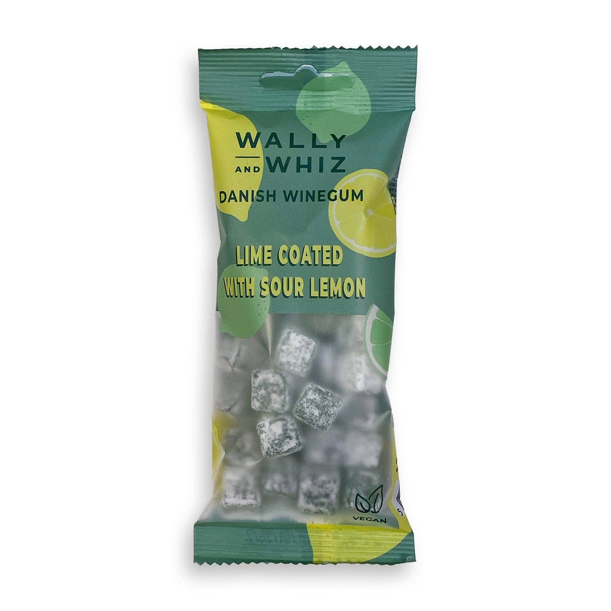 Wally & Whiz Lime with Sour Lemon 56g Danish Winegum gummy candy comes in green packaging with lemon graphics and a clear window showing cube-shaped gummies. Enjoy the refreshing lime coated in tangy sour lemon flavor.