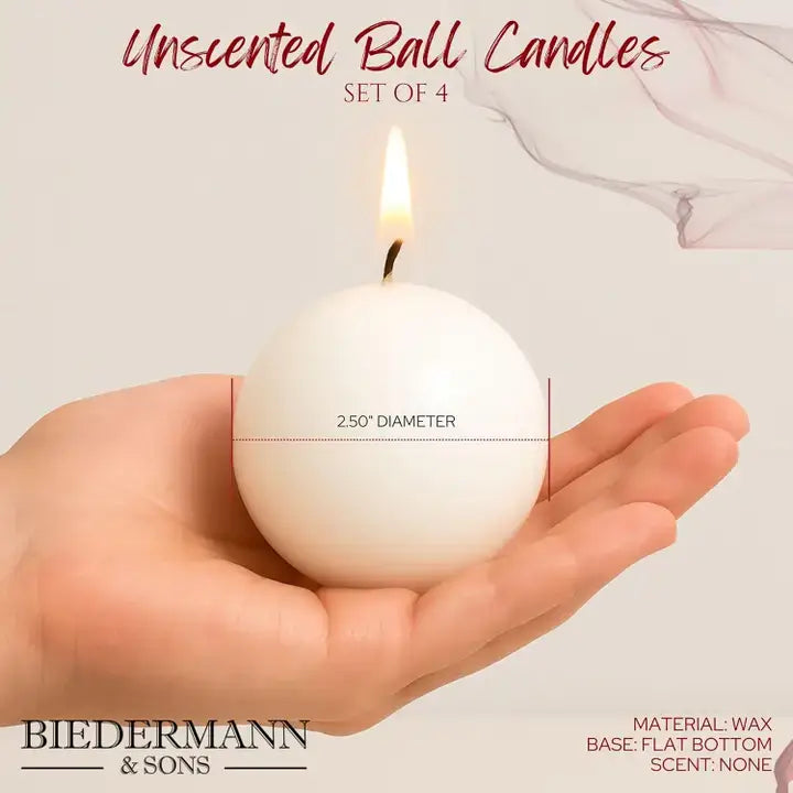 A hand holds a lit, unscented Burgundy ball candle, 2.5" in diameter. Text notes these decorative wax candles have a flat bottom and come in a set of 4. Product name: Candles: Burgundy Ball Candles, 2.5" Diameter.