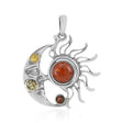 Pendant: Sun and Moon Multi-Color Amber Sterling Silver Moon Pendant features a crescent moon with three colored stones and a stylized sun with an amber-like center—ideal for fans of celestial jewelry.