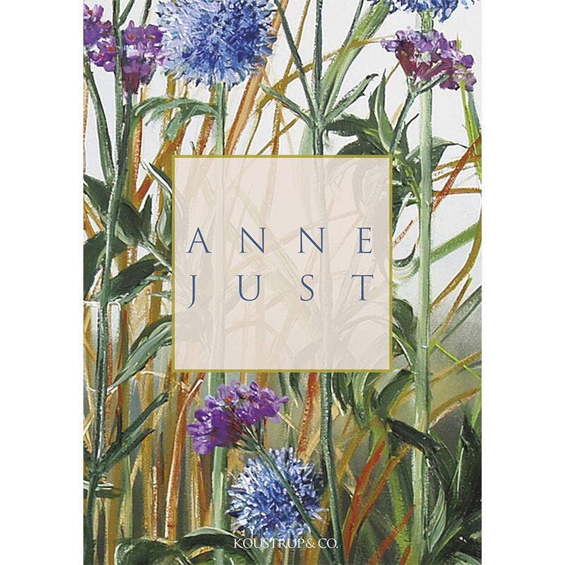 The cover design of the Anne Just card pack beautifully showcases purple and blue flowers with green stems and leaves, embodying Anne Just's artistic flair. Prominently, the name ANNE JUST is displayed in large text at the center, while KOLESTRUP & CO. is subtly printed at the bottom. These cards are printed on environmentally certified materials, making them a sustainable choice. The pack includes 8 cards with envelopes.