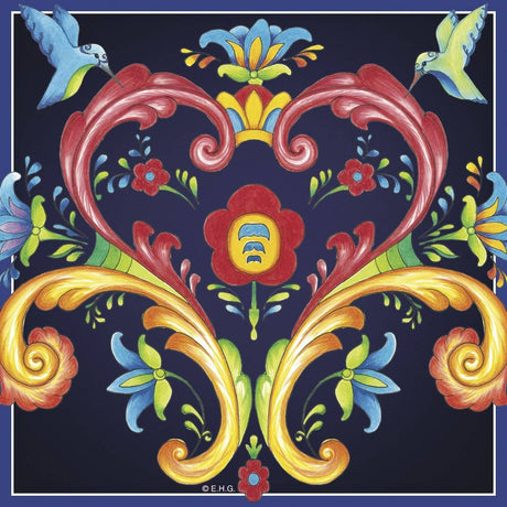 Tile: Blue Norwegian Rosemaling Ceramic Wall Decor 6 Square Tile features a colorful, symmetrical floral and leaf folk art design with two hummingbirds and a heart on a dark background—perfect for Scandinavian kitchen decor.