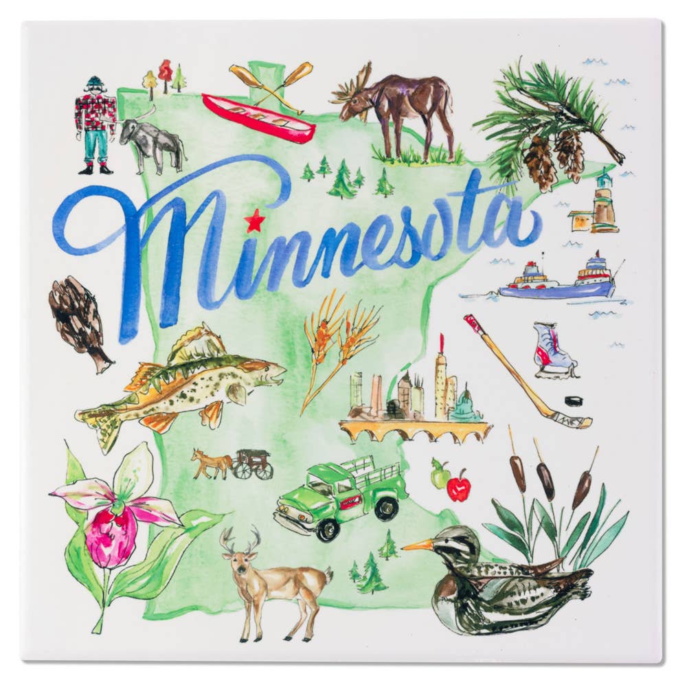 The Minnesota State 8 Ceramic Trivet by artist Rosanne Beck features a depiction of the state, highlighting motifs like a moose, pinecones, a loon, a fish, hockey gear, and landmarks with Minnesota in blue script.