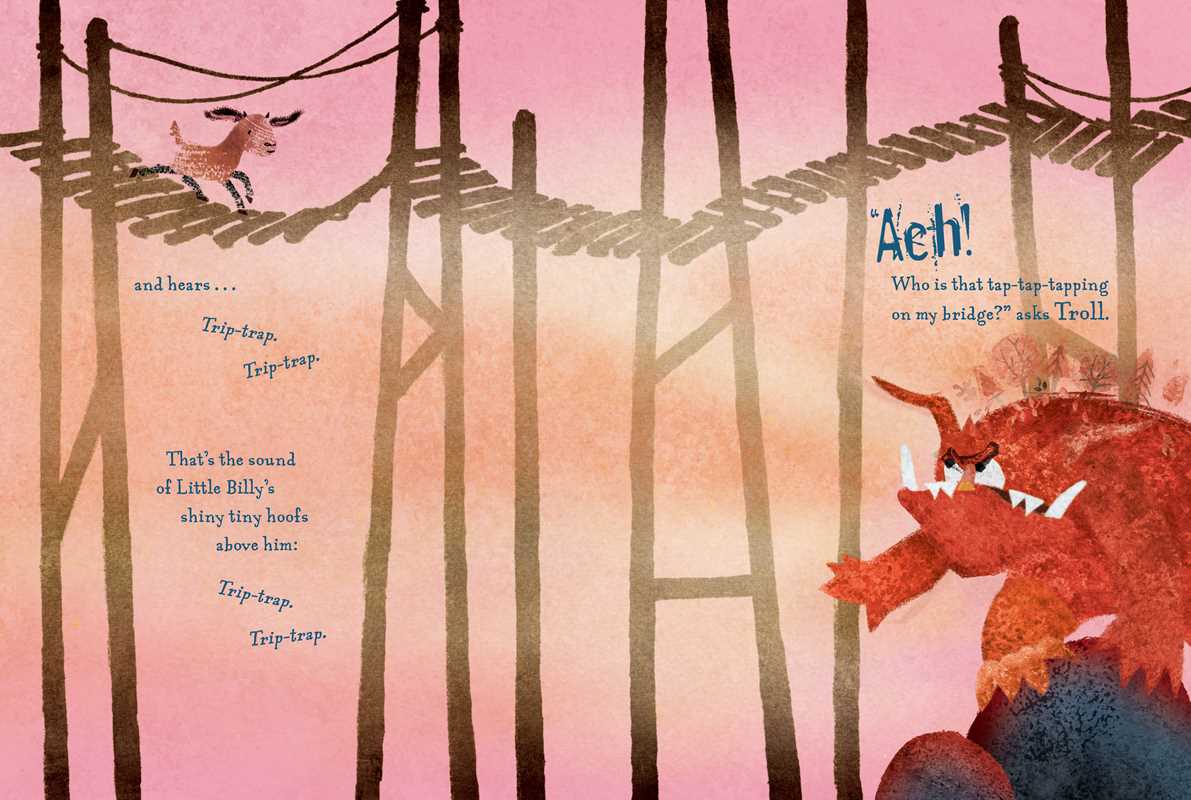 A goat crosses a wooden bridge as a troll shouts below in this fairy tale scene inspired by the classic, featured in Book: Three Billy Goats Gruff—the FULL Story by Richard Jackson: Hardcover; 48 pages. Warm pink and orange tones, perfect for picture books.