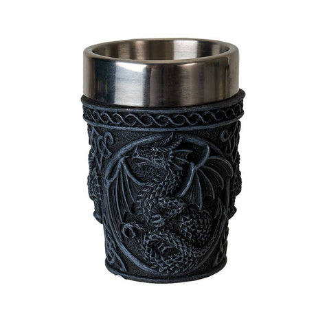 The Shot Glass: Medieval Dragon Shot Glass features an ornate black exterior, a detailed dragon relief design, and a removable stainless steel insert.