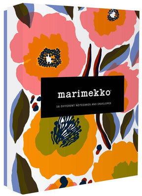 The Marimekko Kukka Notecards set includes 16 boxed 5x7 cards and envelopes, each decorated with a vibrant floral design in pink, orange, blue, and green.