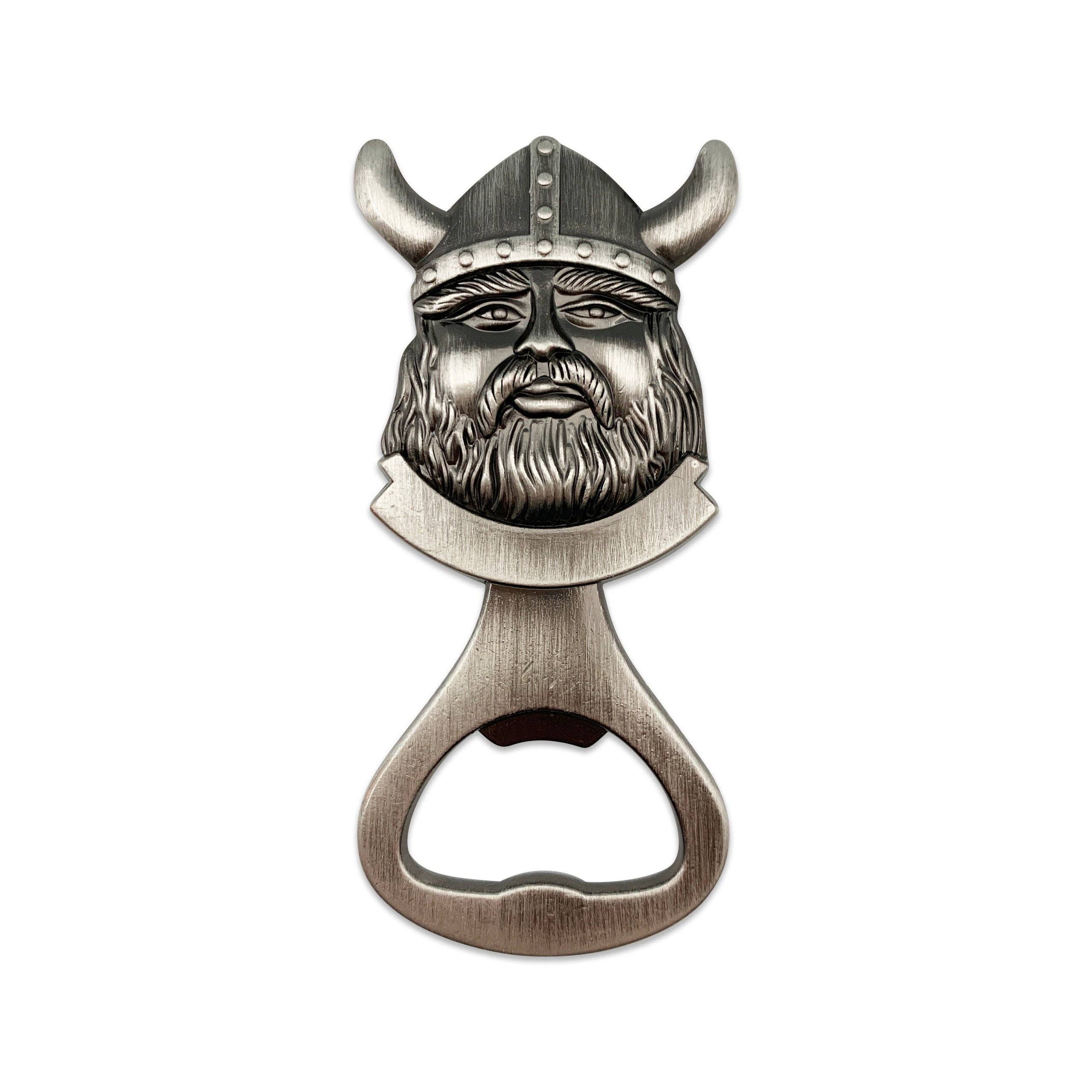 Metal bottle opener magnet showcasing a Norwegian Viking warriors head with a horned helmet.